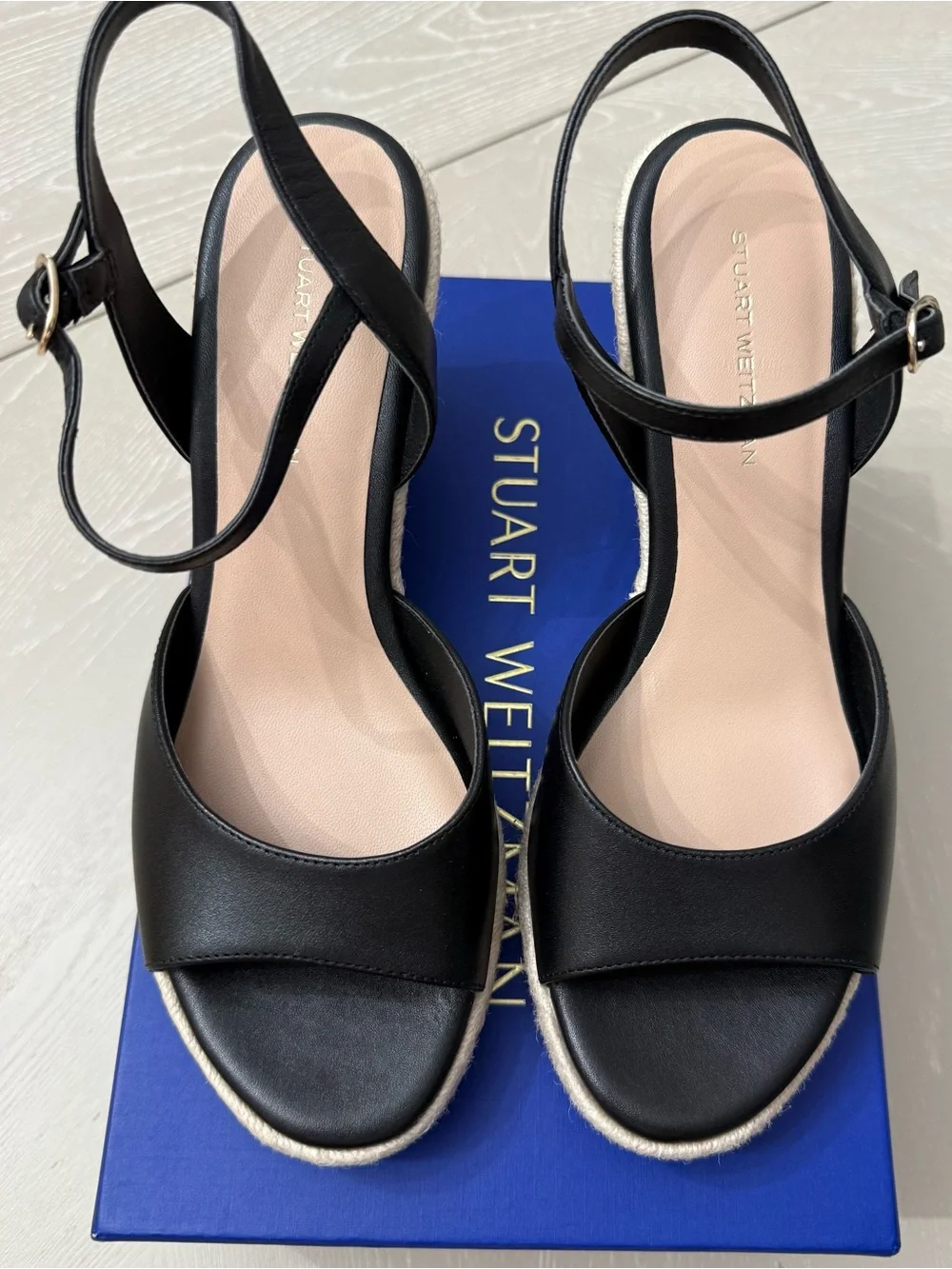 Stuart Weitzman Black Leather Espadrille Slingback Sandals with Tan Jute Sole
